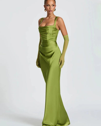 Satin Draped Square Neck Midi Dress