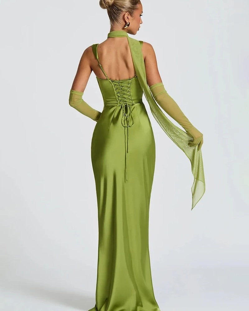 Satin Draped Square Neck Midi Dress