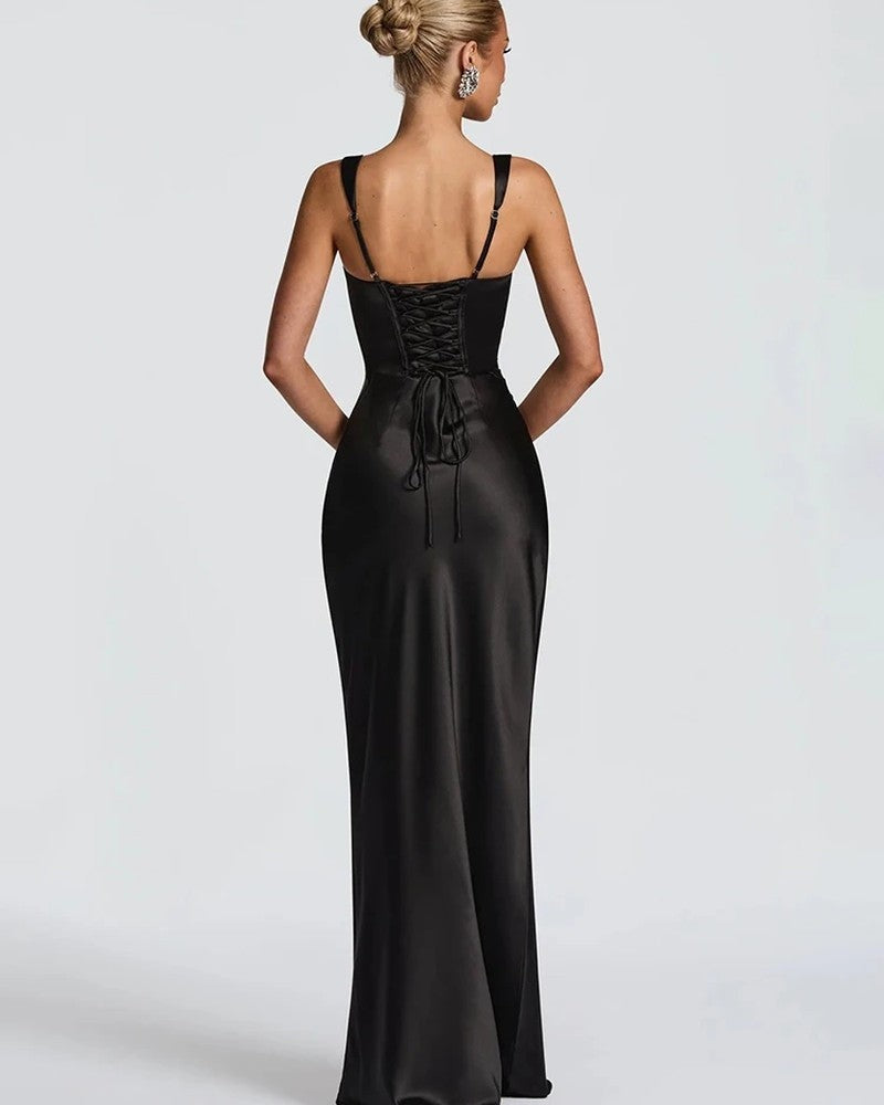 Satin Draped Square Neck Midi Dress