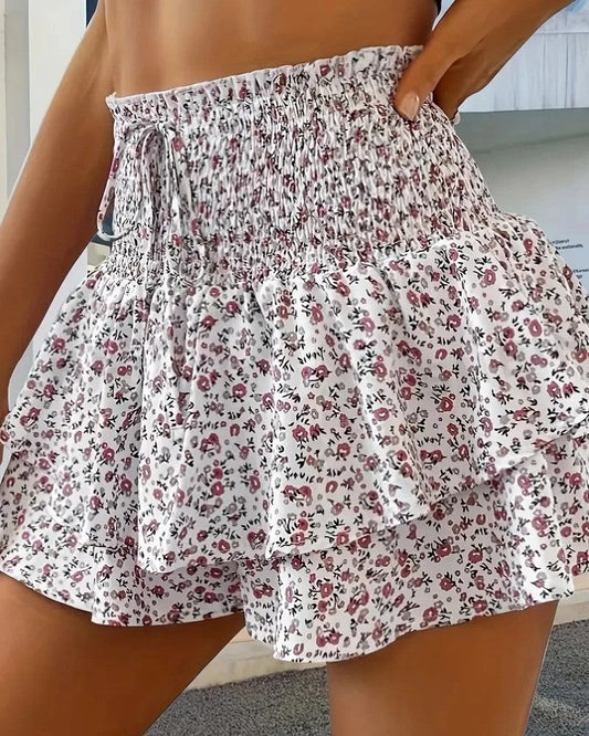 Smocked Ruffle High Waist Shorts