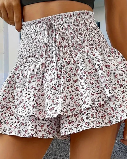 Smocked Ruffle High Waist Shorts