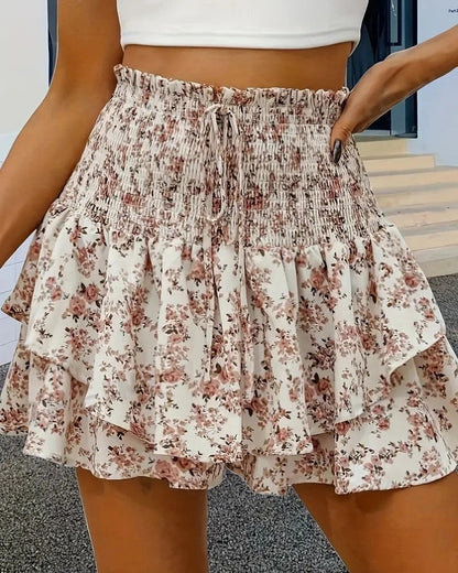 Smocked Ruffle High Waist Shorts