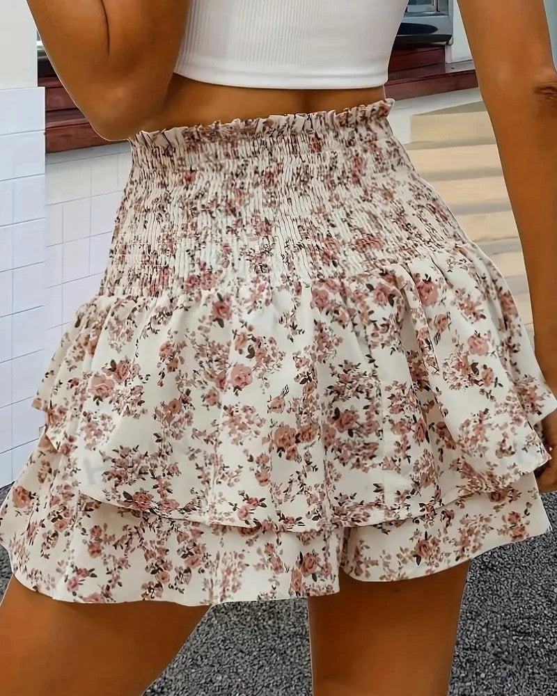Smocked Ruffle High Waist Shorts