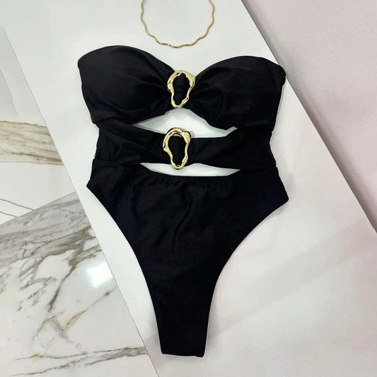 Strapless Cutout Metal Detail Swimsuit