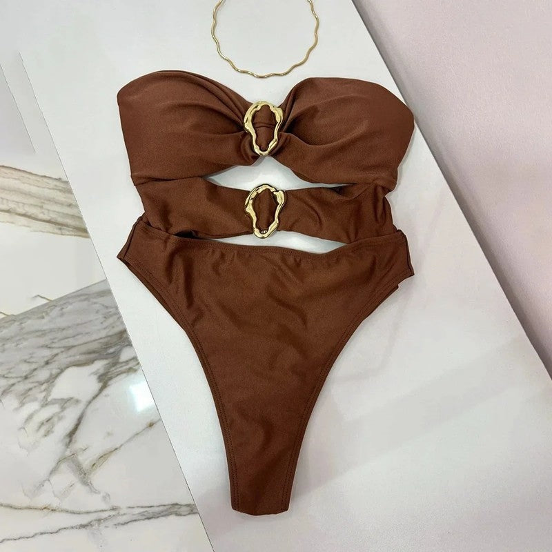 Strapless Cutout Metal Detail Swimsuit