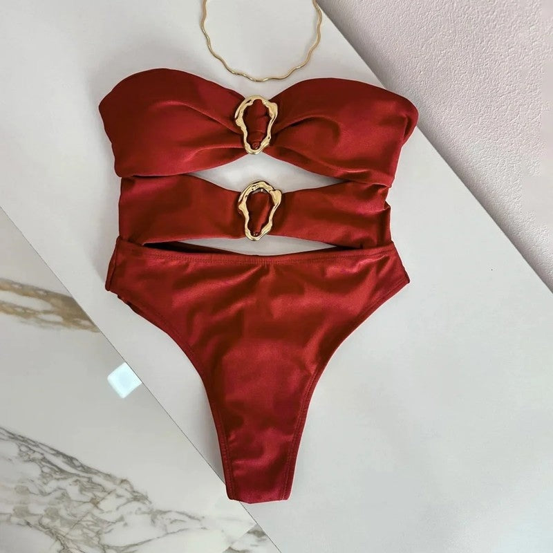Strapless Cutout Metal Detail Swimsuit