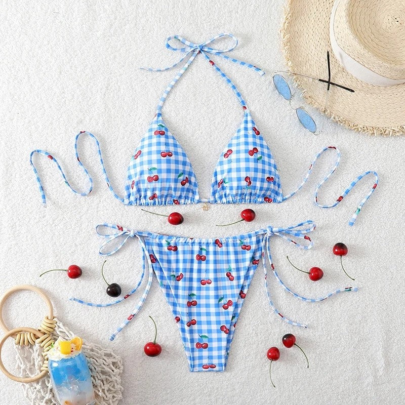 String Tie Ruched Triangle Bikini Set