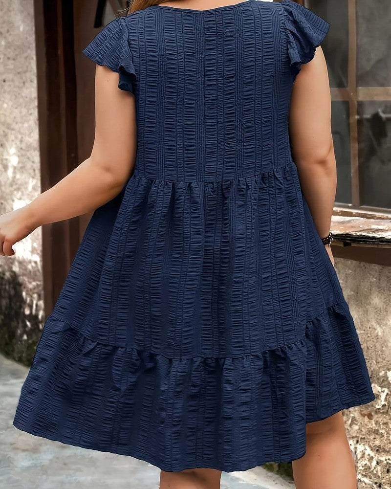 Plus Size Textured Tiered Flutter Sleeve Dress