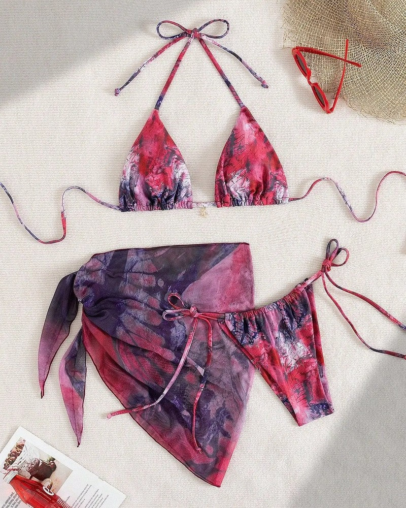Tie Dye Sheer Cover Up Bikini Set