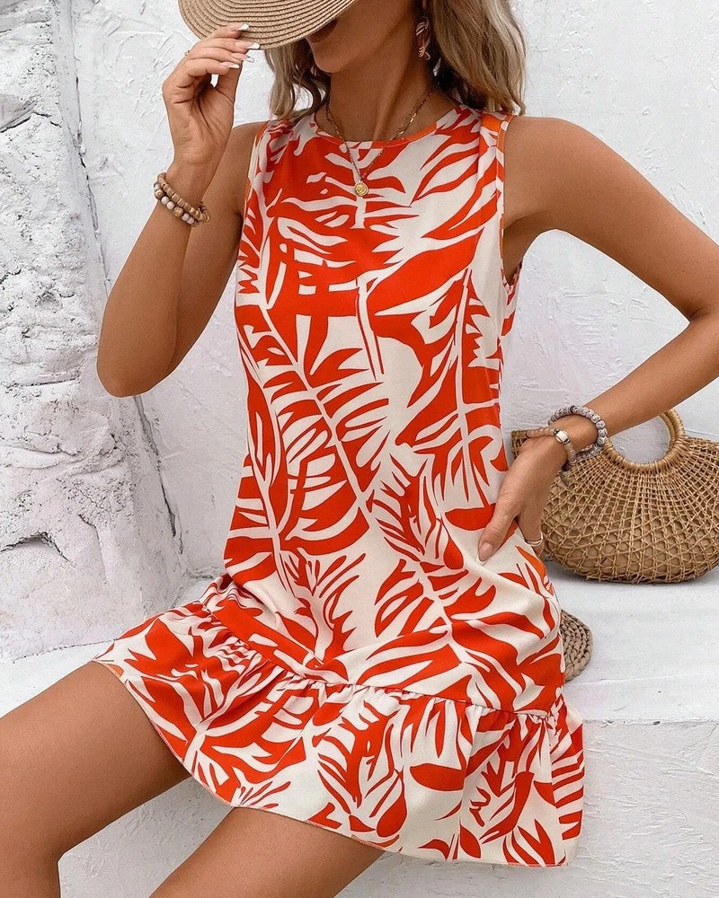 Tropical Leaf Print Ruffle Mini Dress
