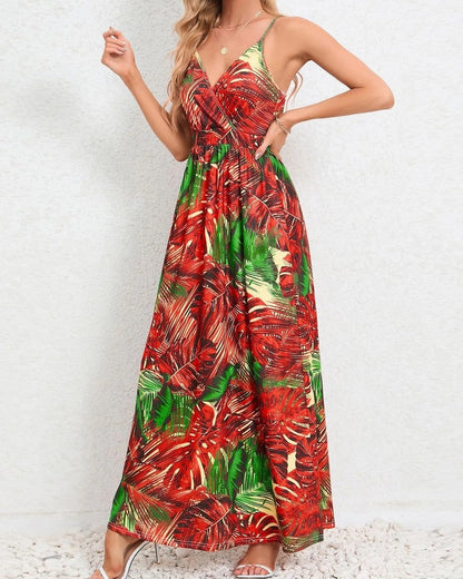 Tropical Leaf Print V-Neck Maxi Dress