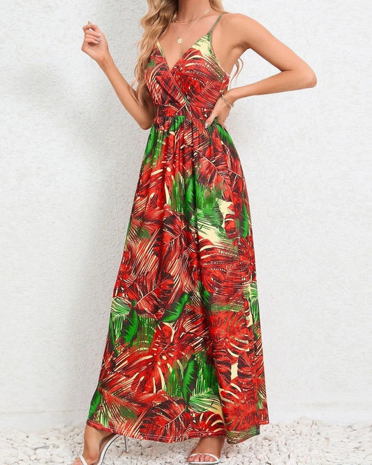 Tropical Leaf Print V-Neck Maxi Dress