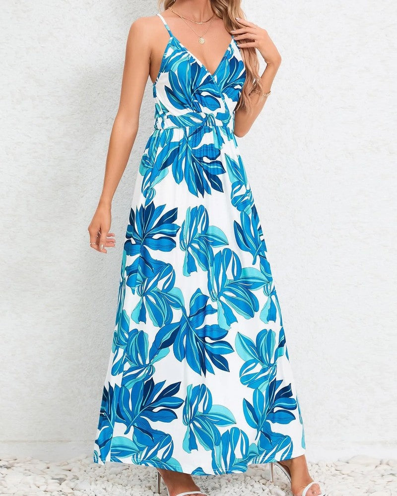 Tropical Leaf Print V-Neck Maxi Dress
