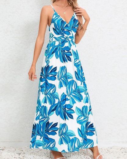 Tropical Leaf Print V-Neck Maxi Dress