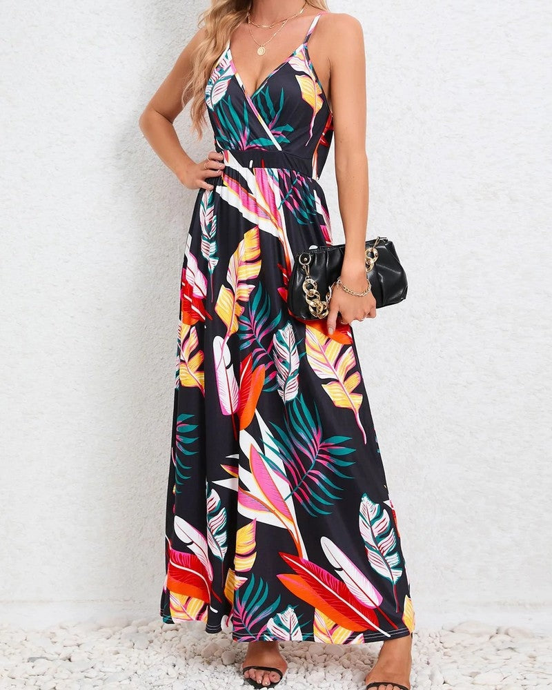 Tropical Leaf Print V-Neck Maxi Dress