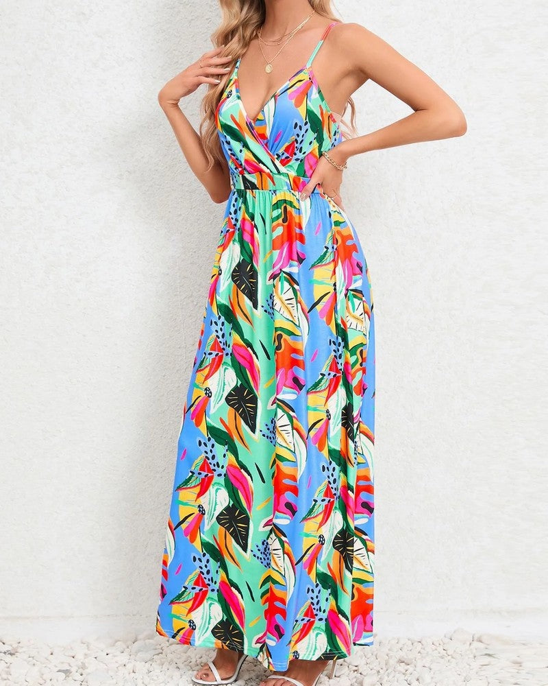 Tropical Leaf Print V-Neck Maxi Dress