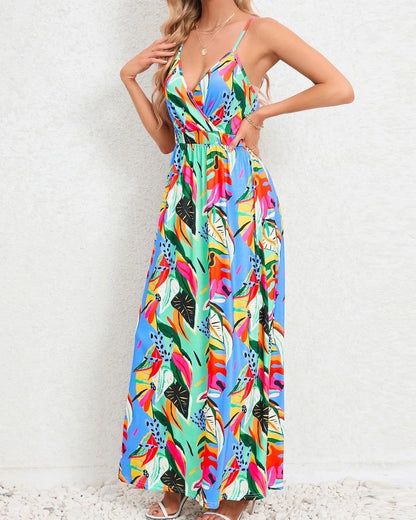 Tropical Leaf Print V-Neck Maxi Dress