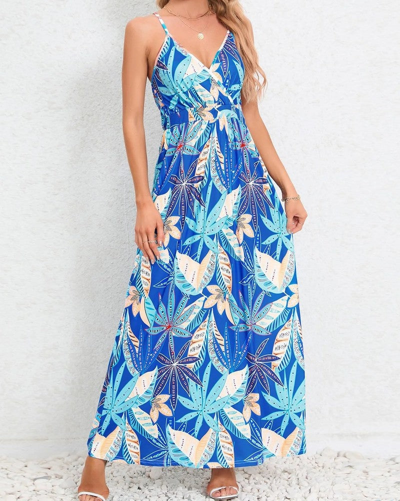 Tropical Leaf Print V-Neck Maxi Dress