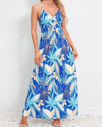 Tropical Leaf Print V-Neck Maxi Dress