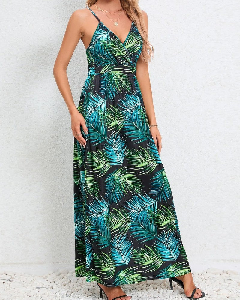 Tropical Leaf Print V-Neck Maxi Dress