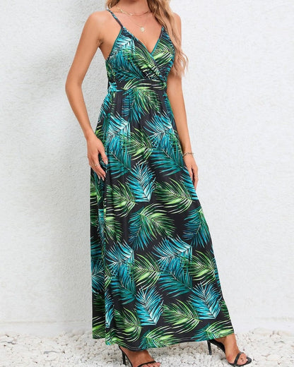 Tropical Leaf Print V-Neck Maxi Dress