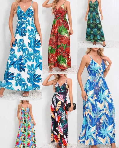 Tropical Leaf Print V-Neck Maxi Dress