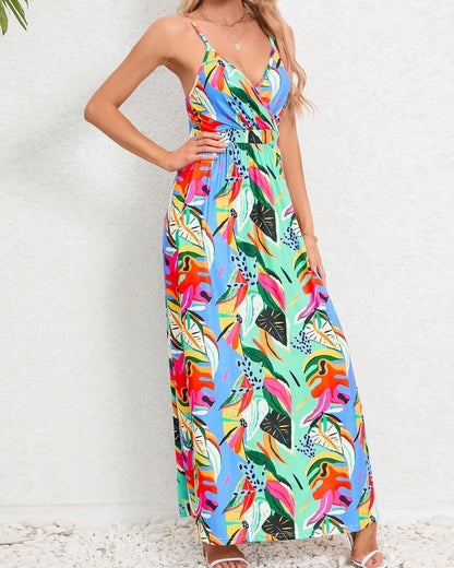 Tropical Leaf Print V-Neck Maxi Dress