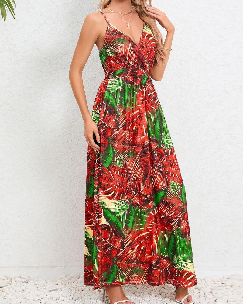 Tropical Leaf Print V-Neck Maxi Dress
