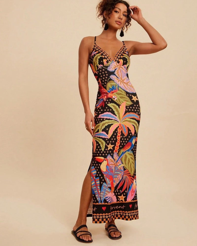 Tropical Print Strappy Maxi Dress