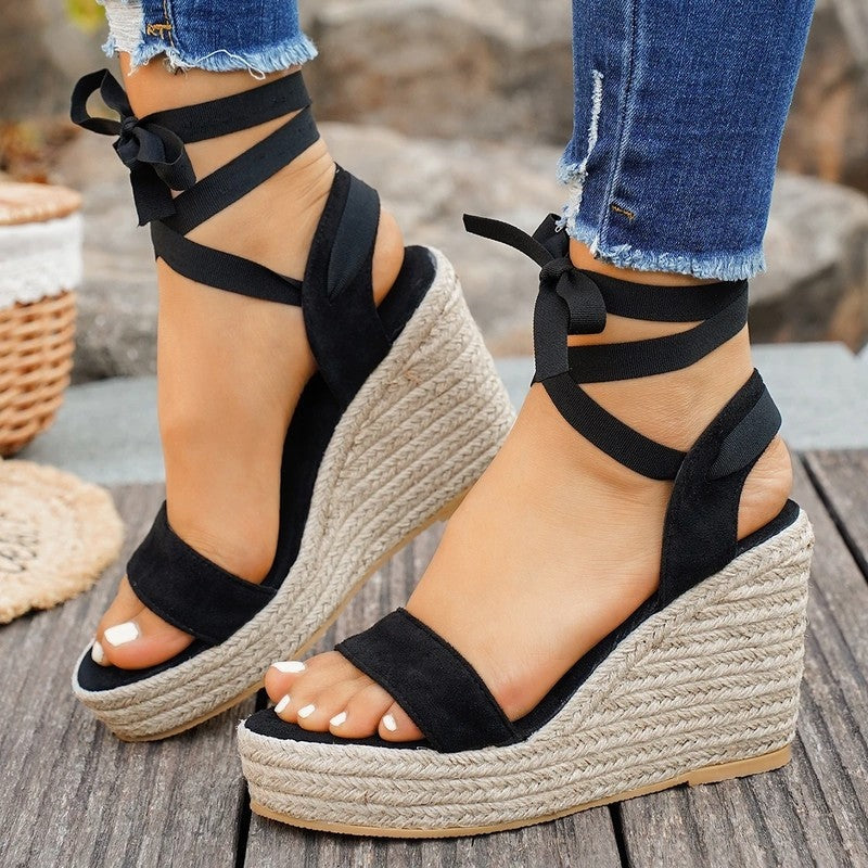 Valessi Espadrille Platform Lace-Up Wedge Sandals