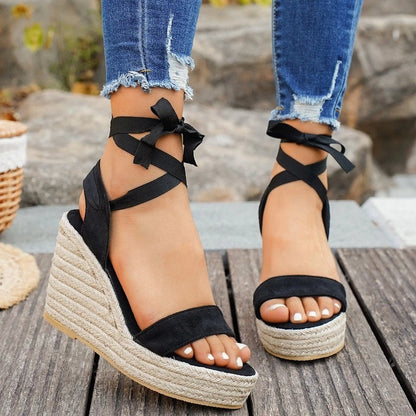 Valessi Espadrille Platform Lace-Up Wedge Sandals