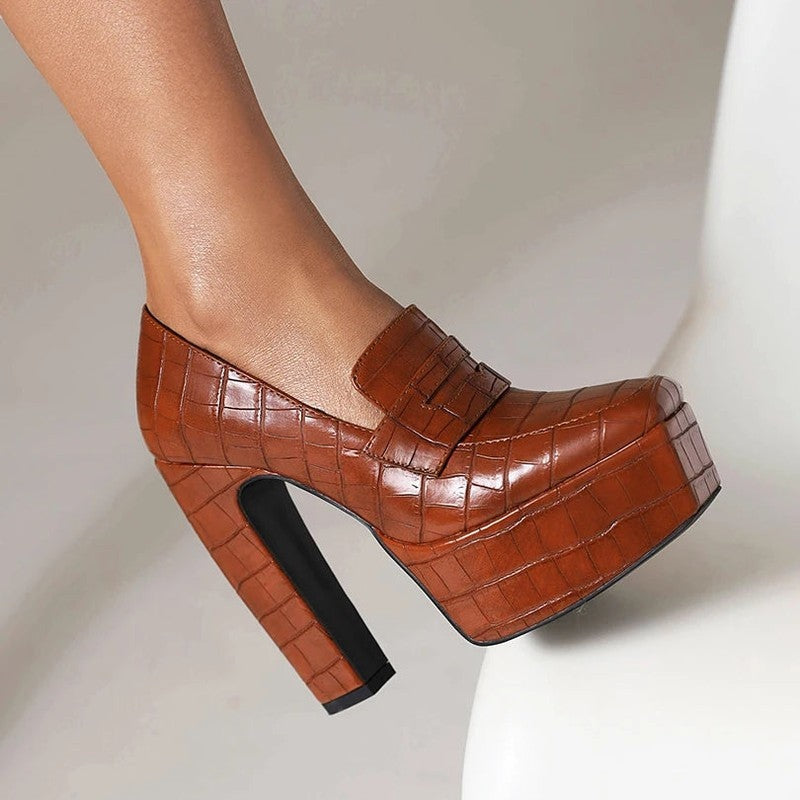 Vevani Croc Embossed Platform Loafer Heels