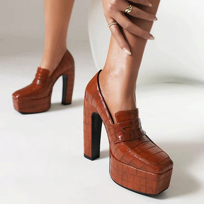 Vevani Croc Embossed Platform Loafer Heels