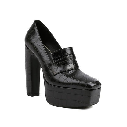Vevani Croc Embossed Platform Loafer Heels
