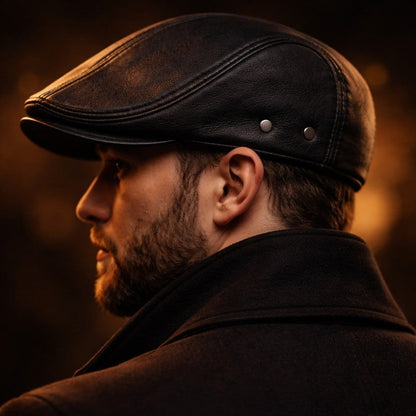 Vintage Leather Flat Cap Newsboy Hat