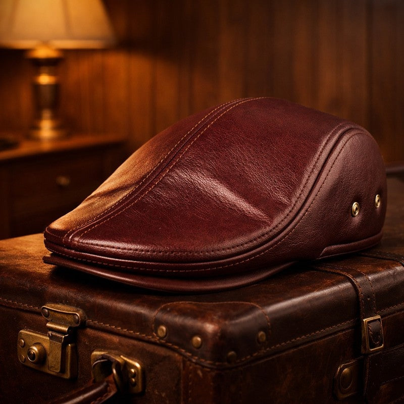 Vintage Leather Flat Cap Newsboy Hat