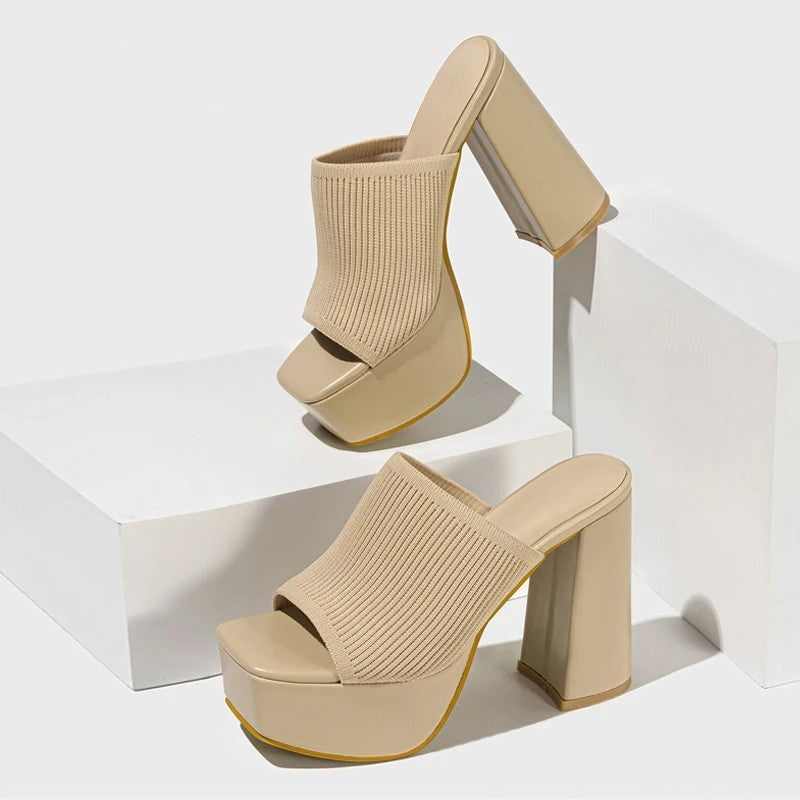 Virella Ribbed Platform Block Heel Mules