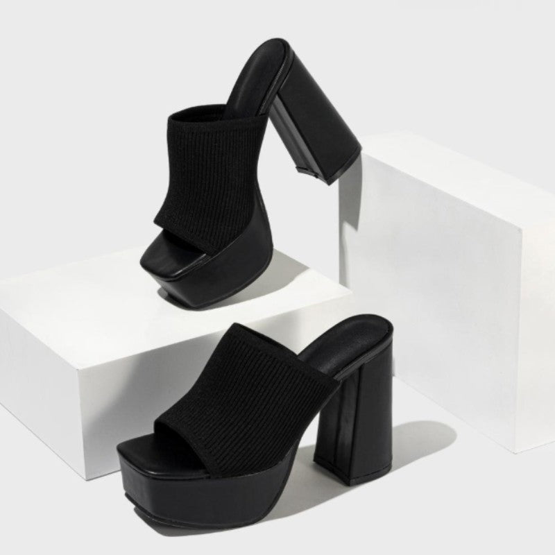 Virella Ribbed Platform Block Heel Mules