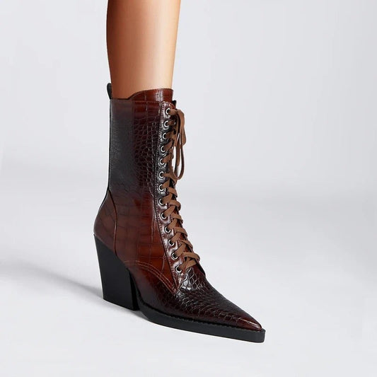 Virello Croc Embossed Block Heel Lace-Up Boots