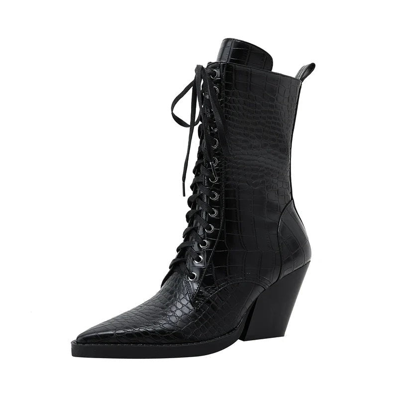 Virello Croc Embossed Block Heel Lace-Up Boots