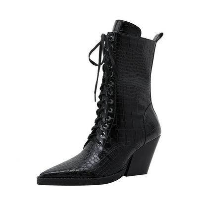 Virello Croc Embossed Block Heel Lace-Up Boots