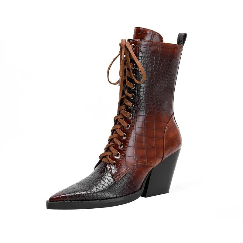 Virello Croc Embossed Block Heel Lace-Up Boots