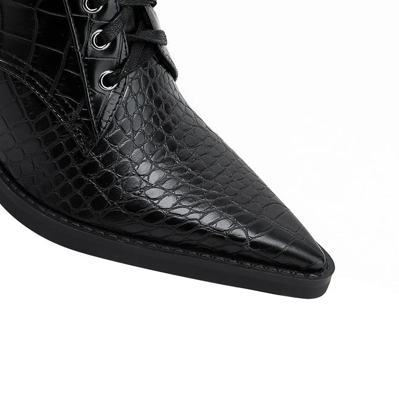 Virello Croc Embossed Block Heel Lace-Up Boots