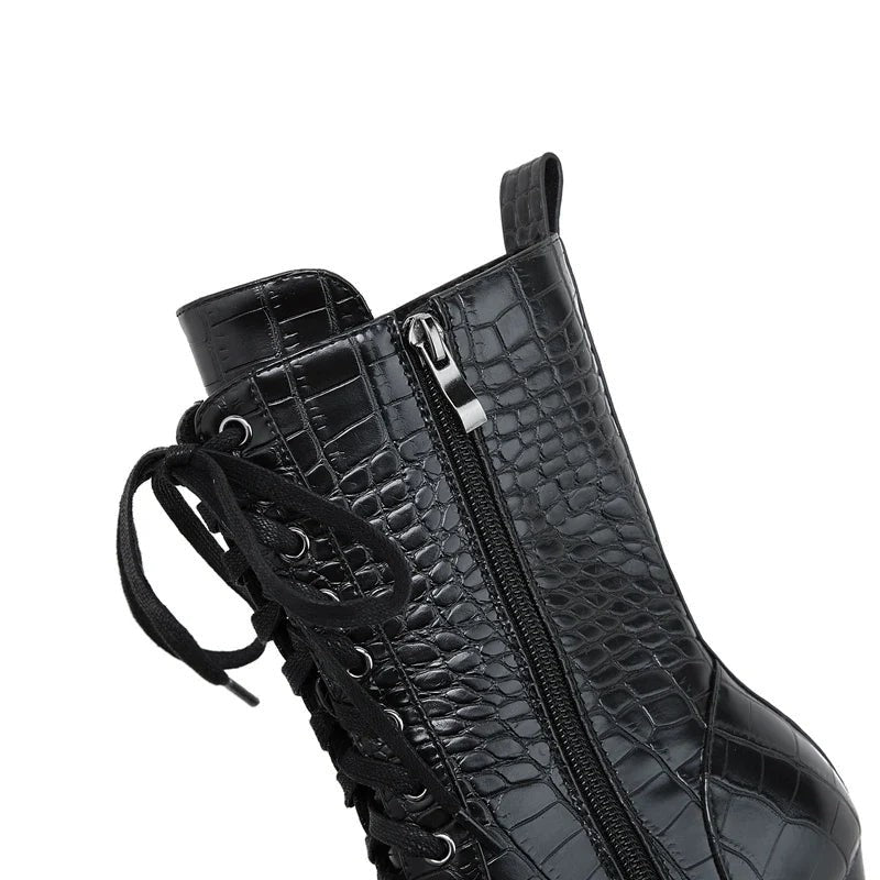 Virello Croc Embossed Block Heel Lace-Up Boots