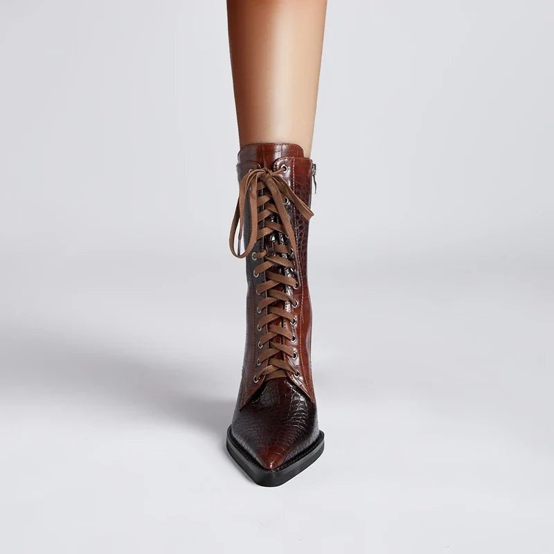 Virello Croc Embossed Block Heel Lace-Up Boots