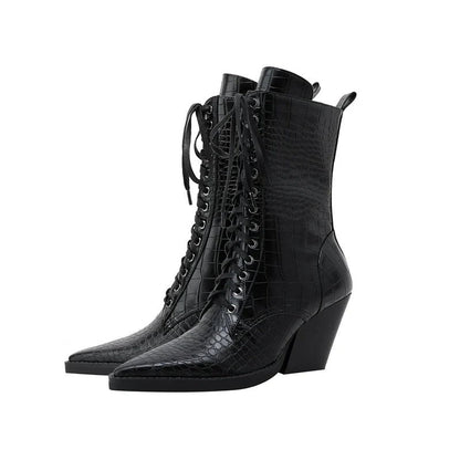 Virello Croc Embossed Block Heel Lace-Up Boots