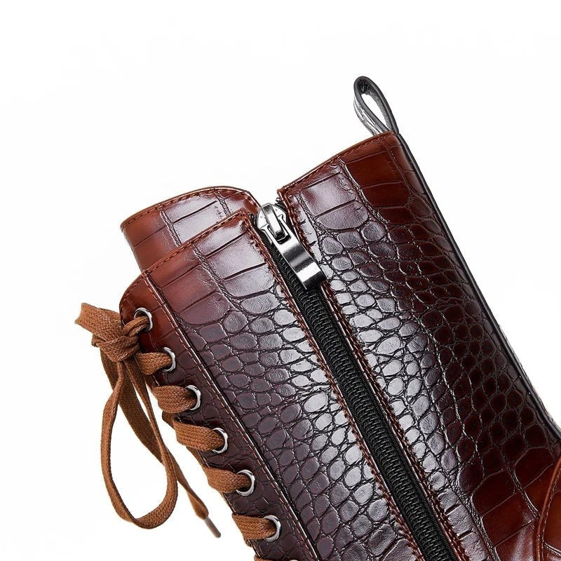 Virello Croc Embossed Block Heel Lace-Up Boots