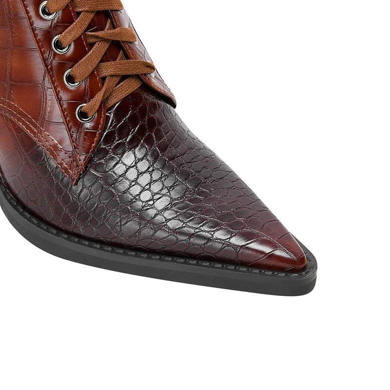 Virello Croc Embossed Block Heel Lace-Up Boots