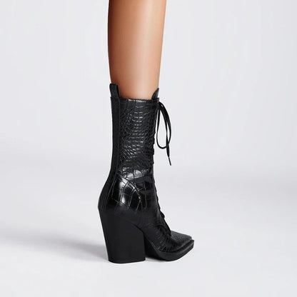 Virello Croc Embossed Block Heel Lace-Up Boots