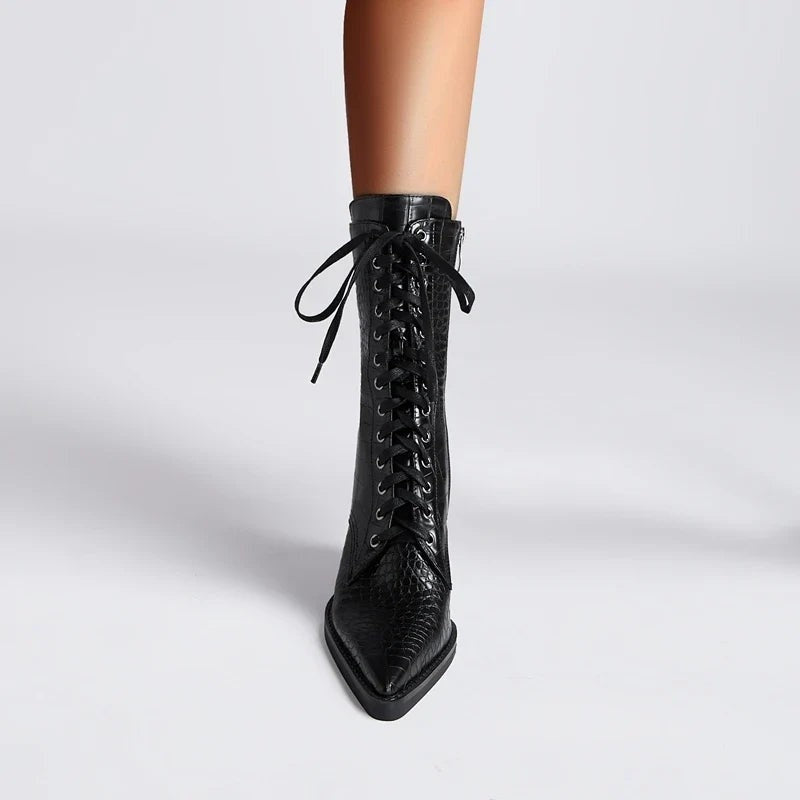 Virello Croc Embossed Block Heel Lace-Up Boots